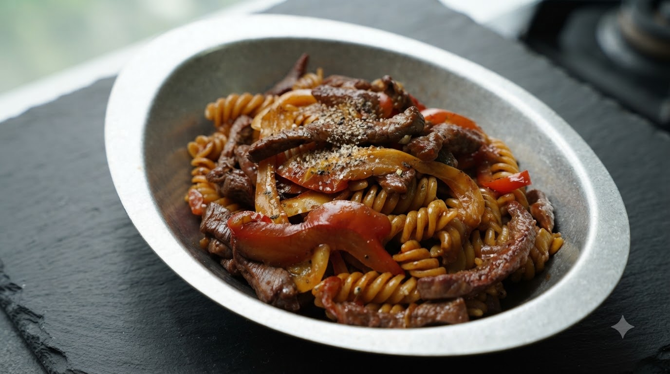 Fusilli con lomo de res a la pimienta negra