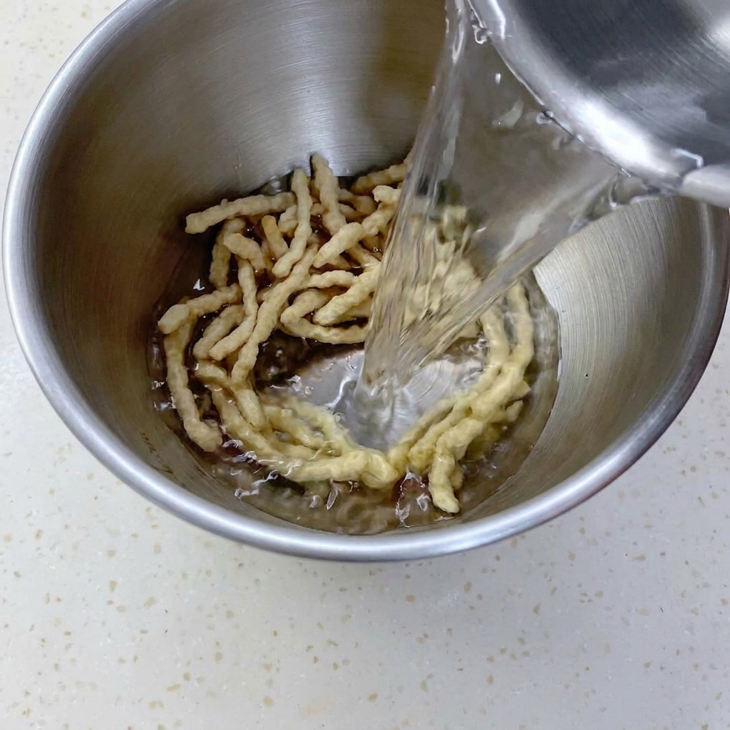 Agua siendo vertida desde una jarra de metal en un bol de acero inoxidable que contiene tiras de proteína vegetal seca.