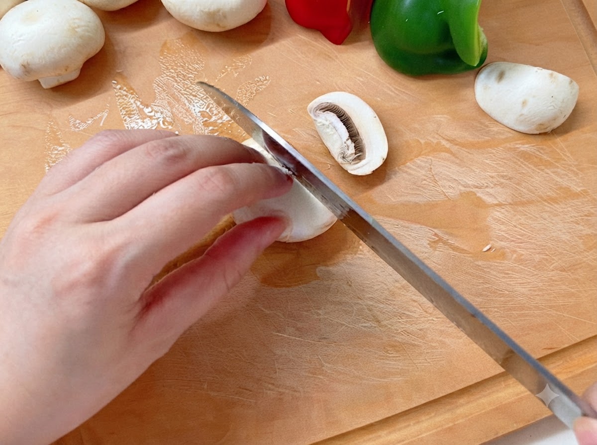 Una mano sosteniendo un cuchillo para cortar un champiñón blanco en una tabla de cortar de madera al lado de pimientos.