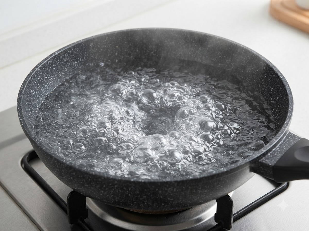 Una olla con agua hirviendo intensamente con burbujas vigorosas en una estufa de cocina.