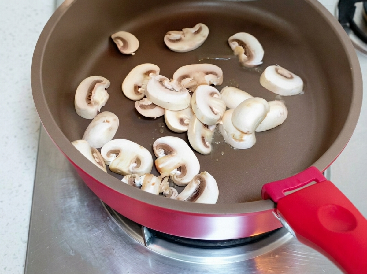 Rodajas de champiñones blancos chisporroteando en una sartén marrón sobre una hornalla de estufa.