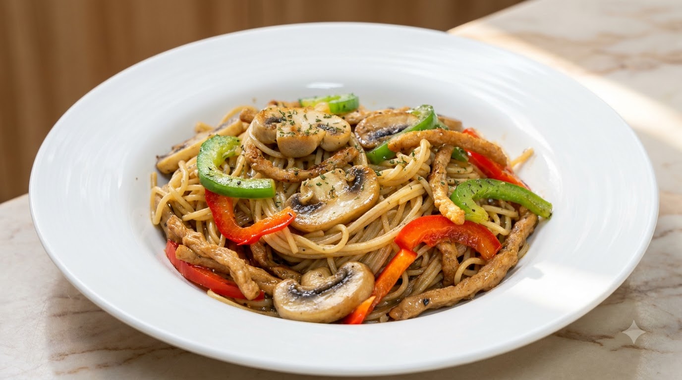 Espaguetis con Pimienta Negra y Tiras de Proteína Vegetal