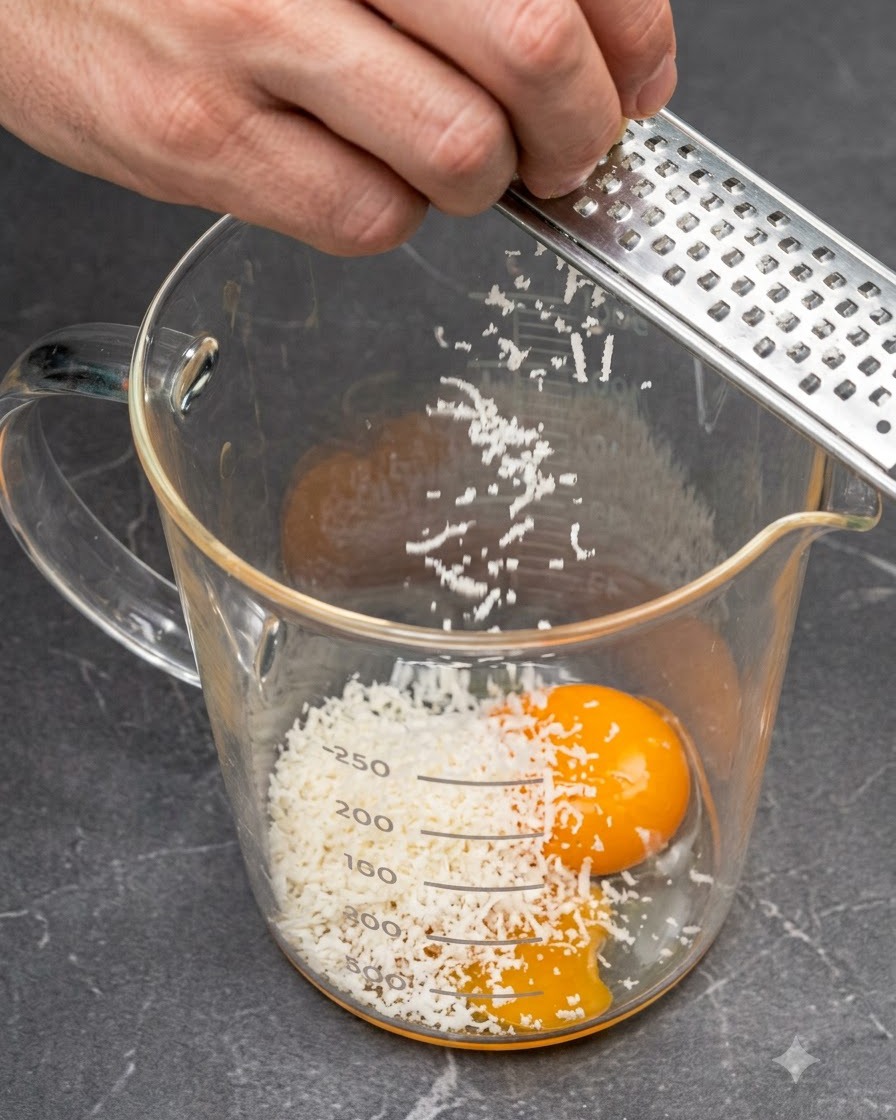 Una mano usando un rallador de metal para desmenuzar queso Parmigiano-Reggiano directamente sobre una yema de huevo dentro de una taza medidora de vidrio.