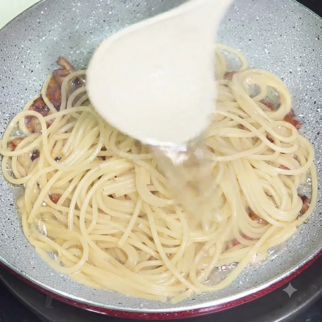 Un cucharón blanco vertiendo agua de cocción con almidón en una sartén llena de espaguetis cocidos y trozos de guanciale crujiente.