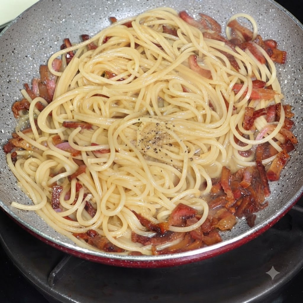 Pimienta negra y salsa amarilla de yema de huevo y queso sobre los espaguetis en una sartén.