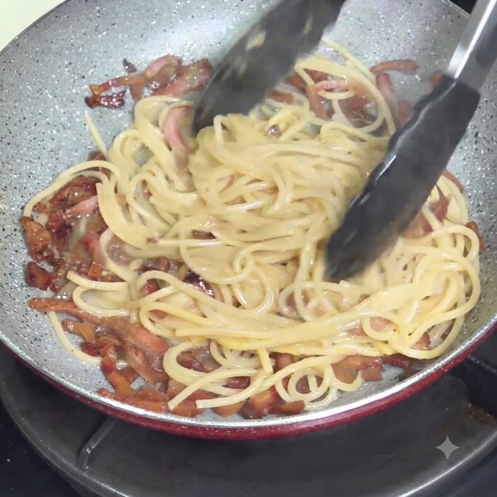 Unas pinzas mezclando espaguetis y salsa en una sartén fuera del fuego para conseguir una textura cremosa.
