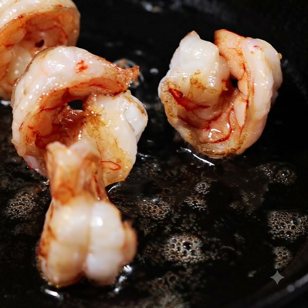 Camarones pelados encogiéndose y friéndose en grasa de cerdo caliente dentro de una sartén, tornándose rosados y dorados.