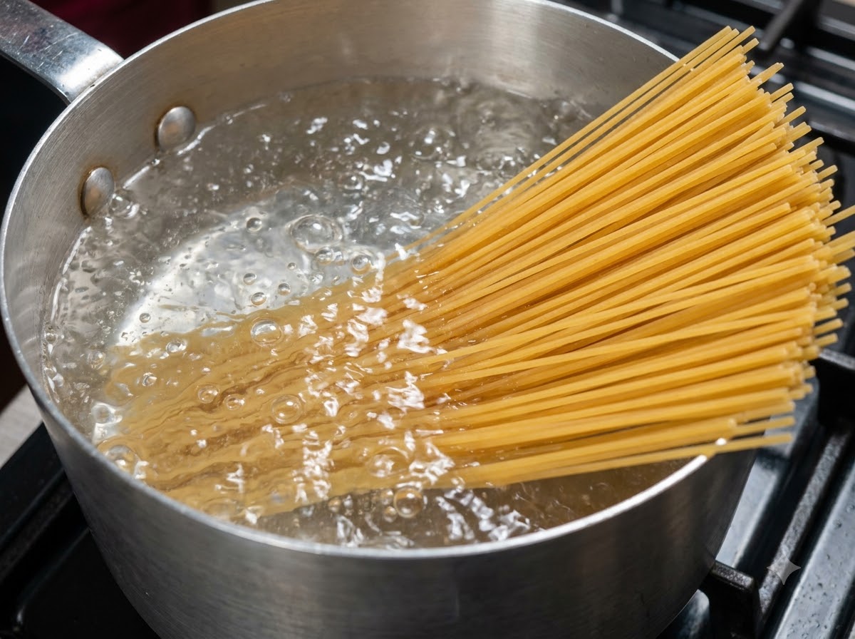 Un manojo de fideos espaguetis secos extendidos y sumergiéndose en una olla con agua hirviendo vigorosamente.