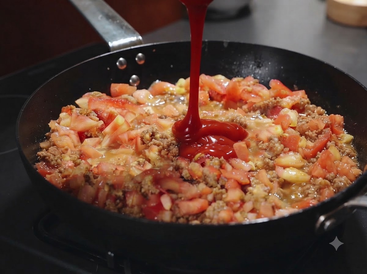 Tomates frescos picados mezclados con carne dorada en una sartén con kétchup rojo siendo vertido encima.
