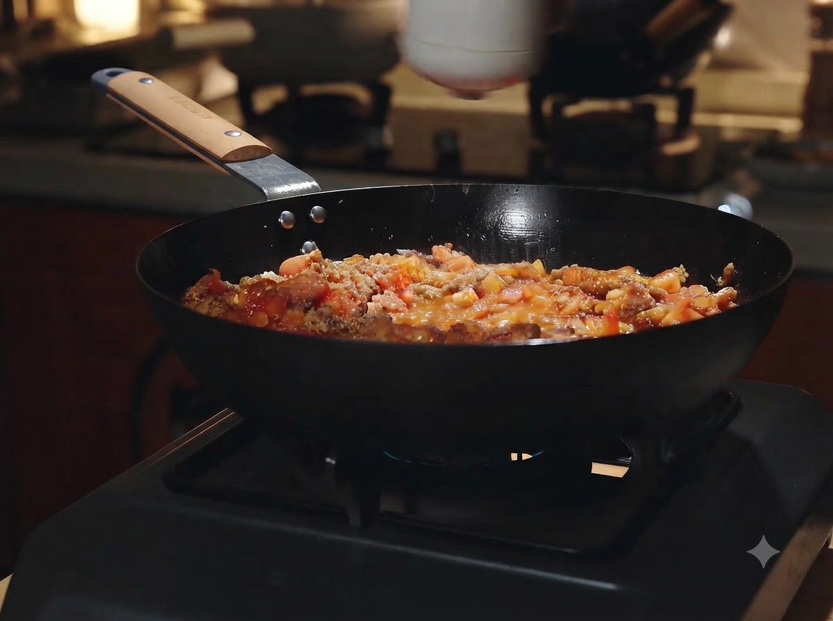 Condimento rociado desde un salero sobre la salsa burbujeante de tomate y carne en un wok.