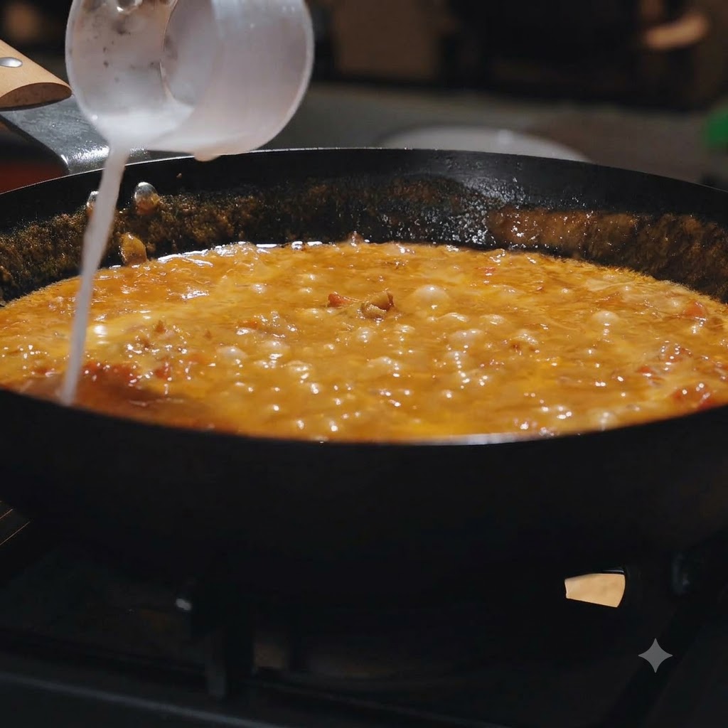 Una mezcla blanca de maicena vertiéndose en la sartén con salsa burbujeante.
