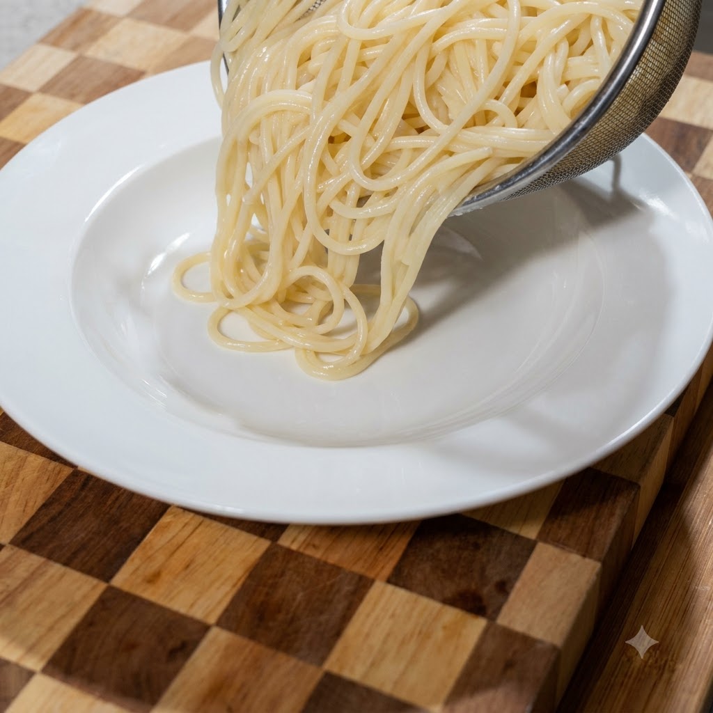 Espaguetis escurridos deslizándose desde un colador de malla hacia un plato grande blanco.