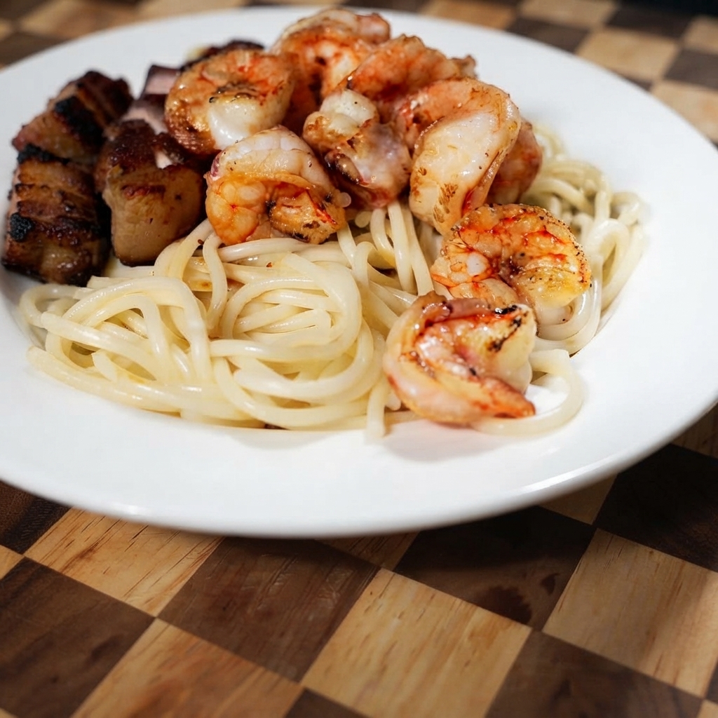 Camarones fritos dispuestos alrededor de la panceta y la pasta en un plato blanco.
