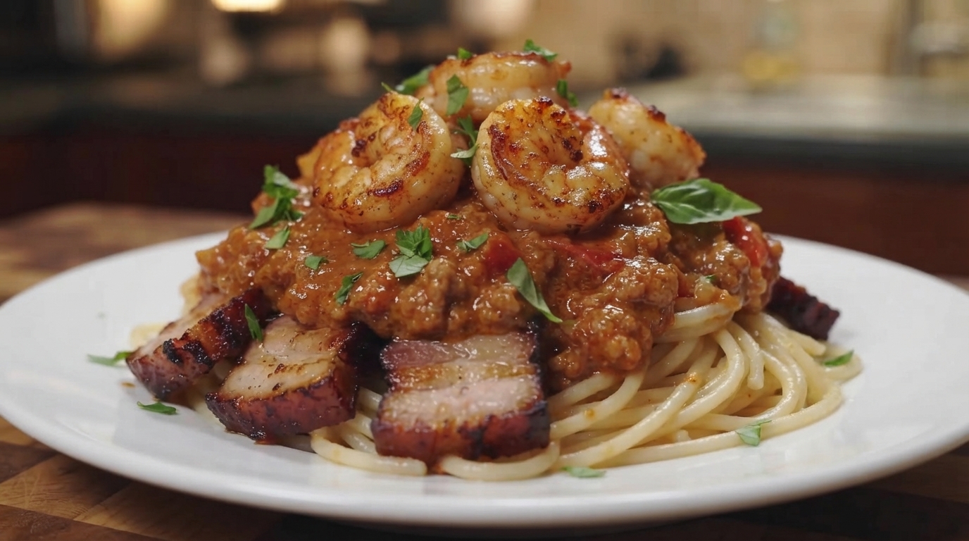 Pasta Explosivamente Rica con Tomate, Panceta y Camarones