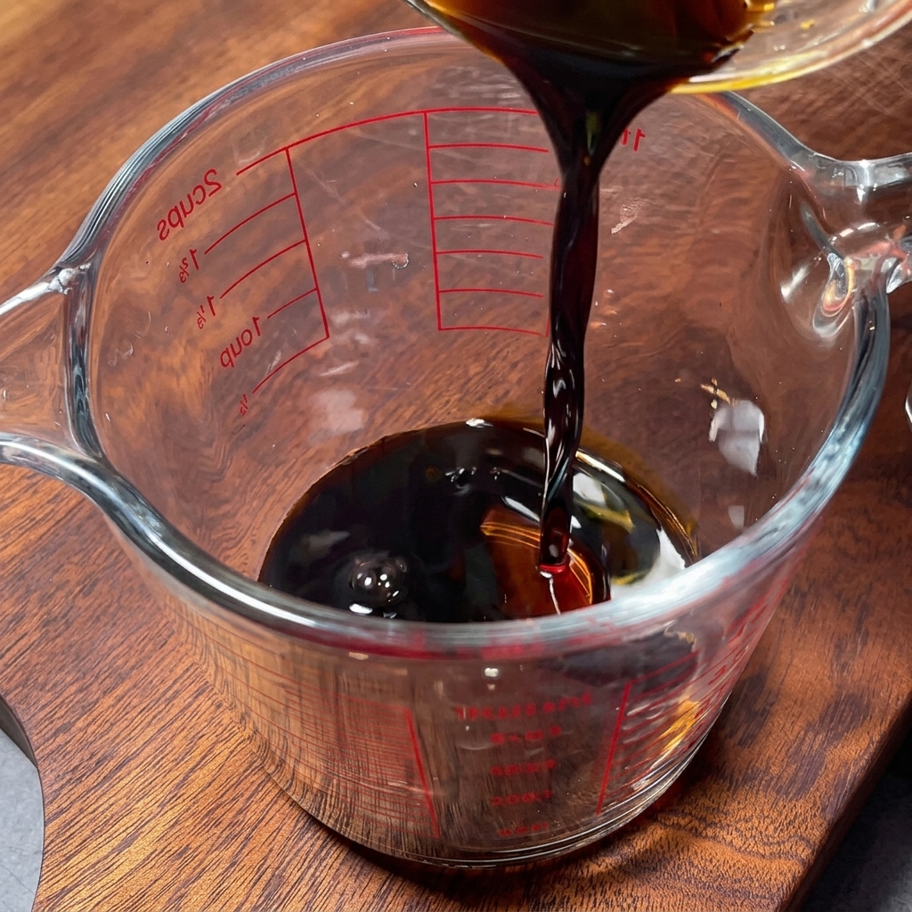 Salsa de soja oscura siendo vertida en una taza medidora de vidrio que ya contiene agua y condimentos oscuros.