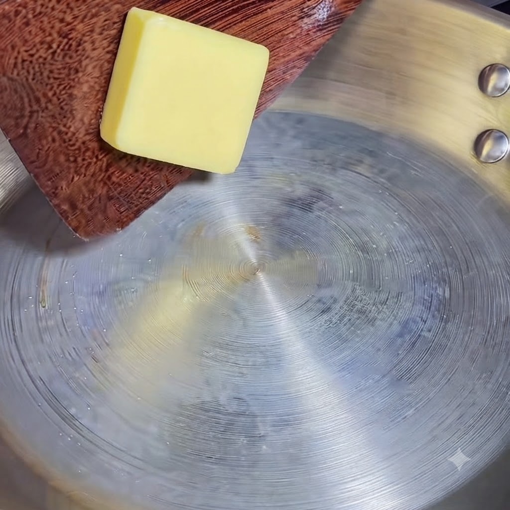 Un trozo cuadrado de mantequilla sobre una espátula de madera derritiéndose en una sartén de metal caliente.