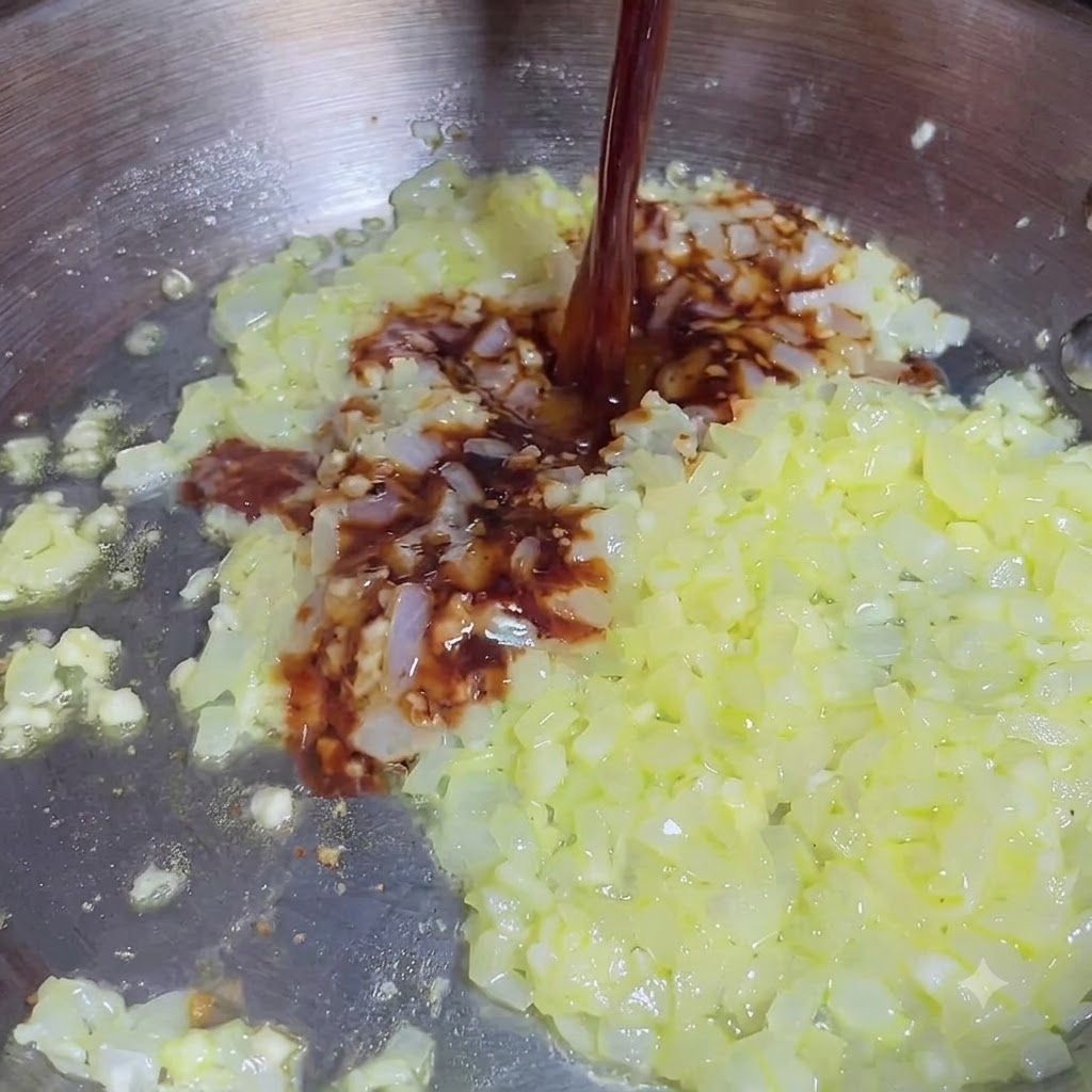 Condimento líquido oscuro vertido sobre cebollas picadas y ajo picado salteados en una sartén.