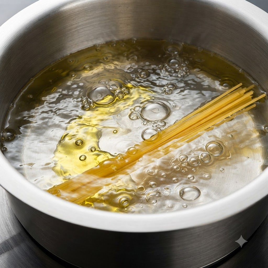 Fideos de espagueti cocinándose en una olla con agua hirviendo.