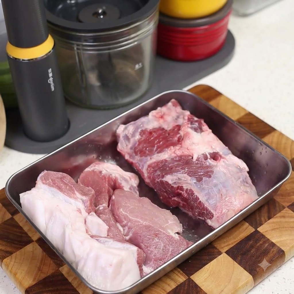 Trozos de cerdo crudo dispuestos en una tabla de cortar de madera junto a una herramienta de cocina.