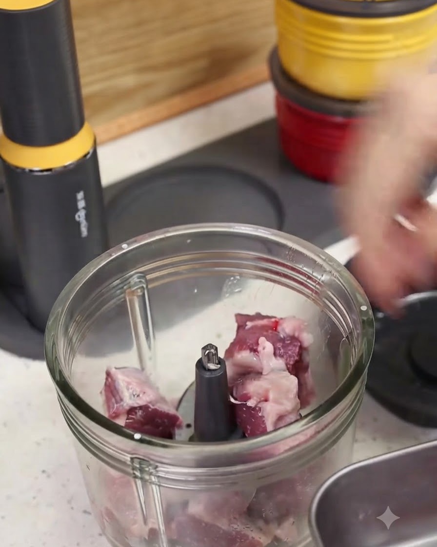 Trozos de carne cruda dentro del vaso transparente de un procesador de alimentos eléctrico preparándose para ser picados.