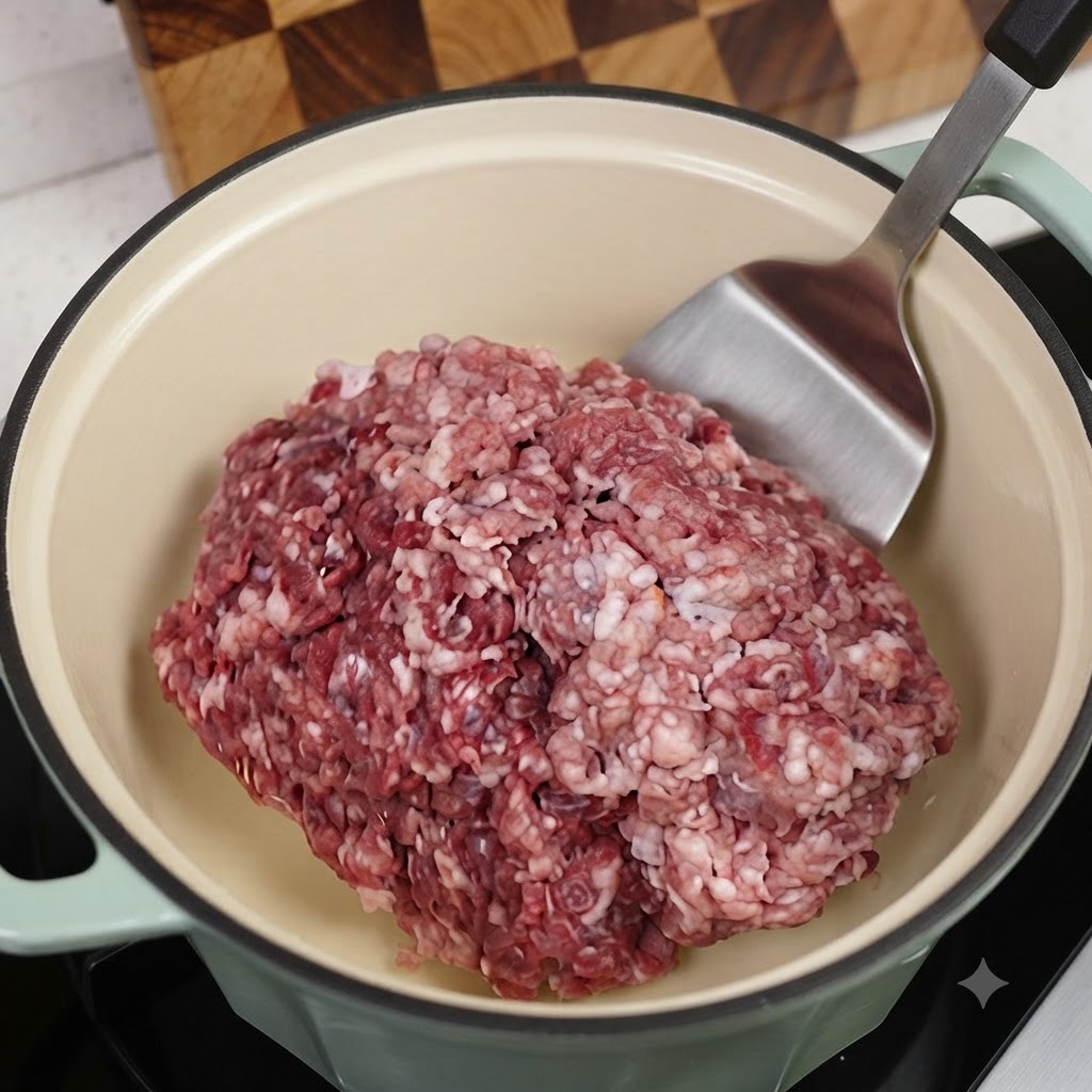 Carne picada sufriendo un salteado en una olla holandesa de color verde claro usando una espátula de metal.