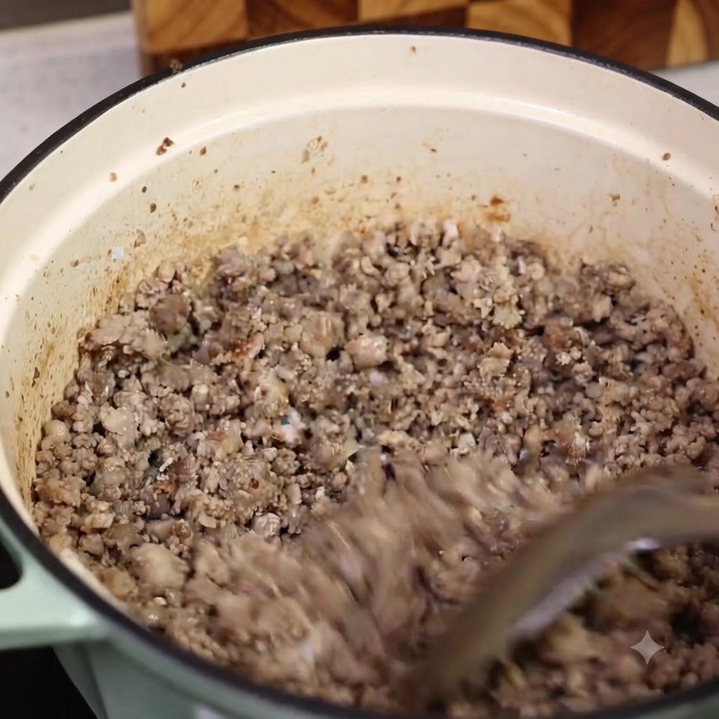 Carne picada cocinada siendo retirada de una olla con una espátula, dejando aceite y restos dorados en el fondo.