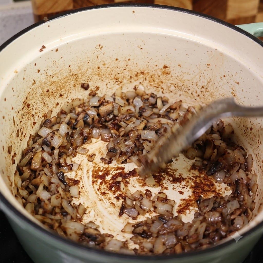 Cebollas picadas y aromáticos salteándose en el fondo de una olla con jugos caramelizados.
