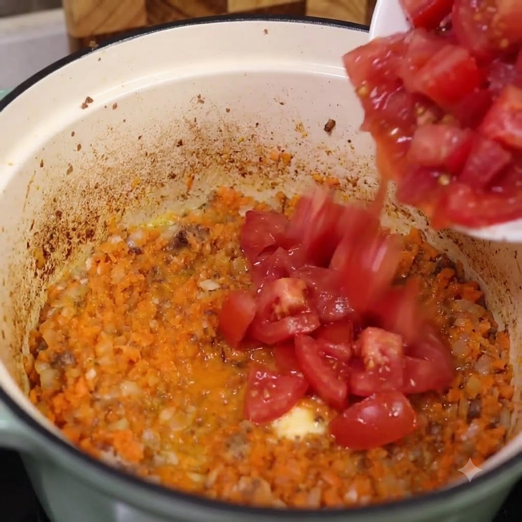 Tomates frescos picados y pasta de tomate siendo vertidos en una olla que contiene zanahorias y cebollas salteadas.