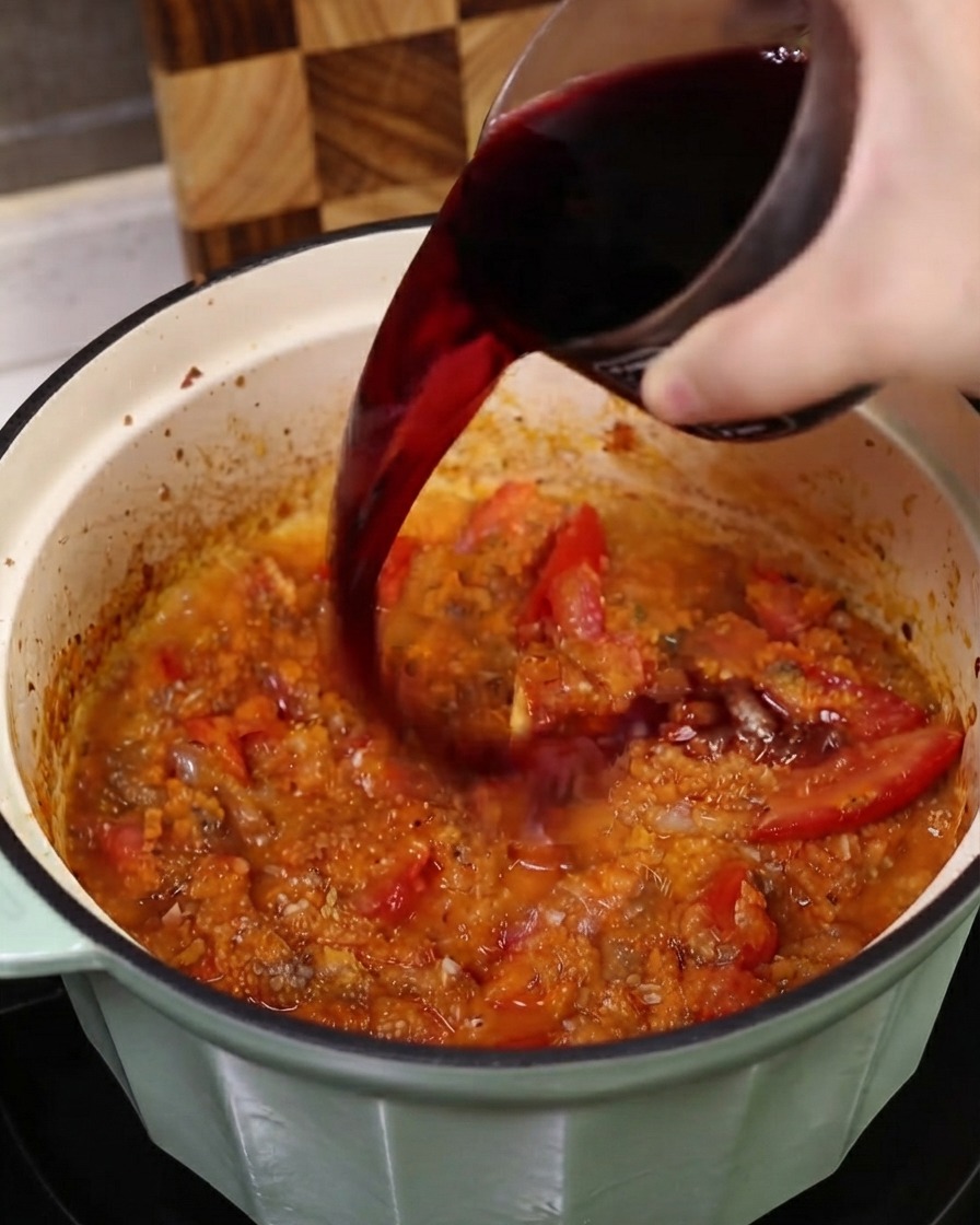 Vino tinto seco vertido desde un recipiente de vidrio a una olla llena de una mezcla vibrante de tomate y verduras.
