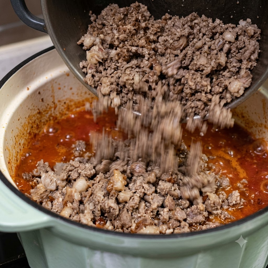 Carne picada cocinada siendo transferida desde una sartén oscura separada hacia la salsa roja a fuego lento.