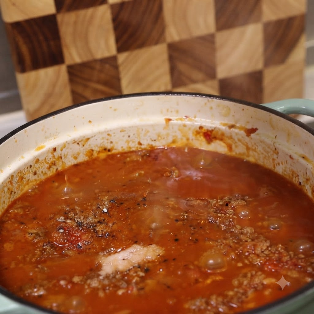 Vista en primer plano de la salsa de carne burbujeando en la olla, espolvoreada con pimienta negra y condimentos.