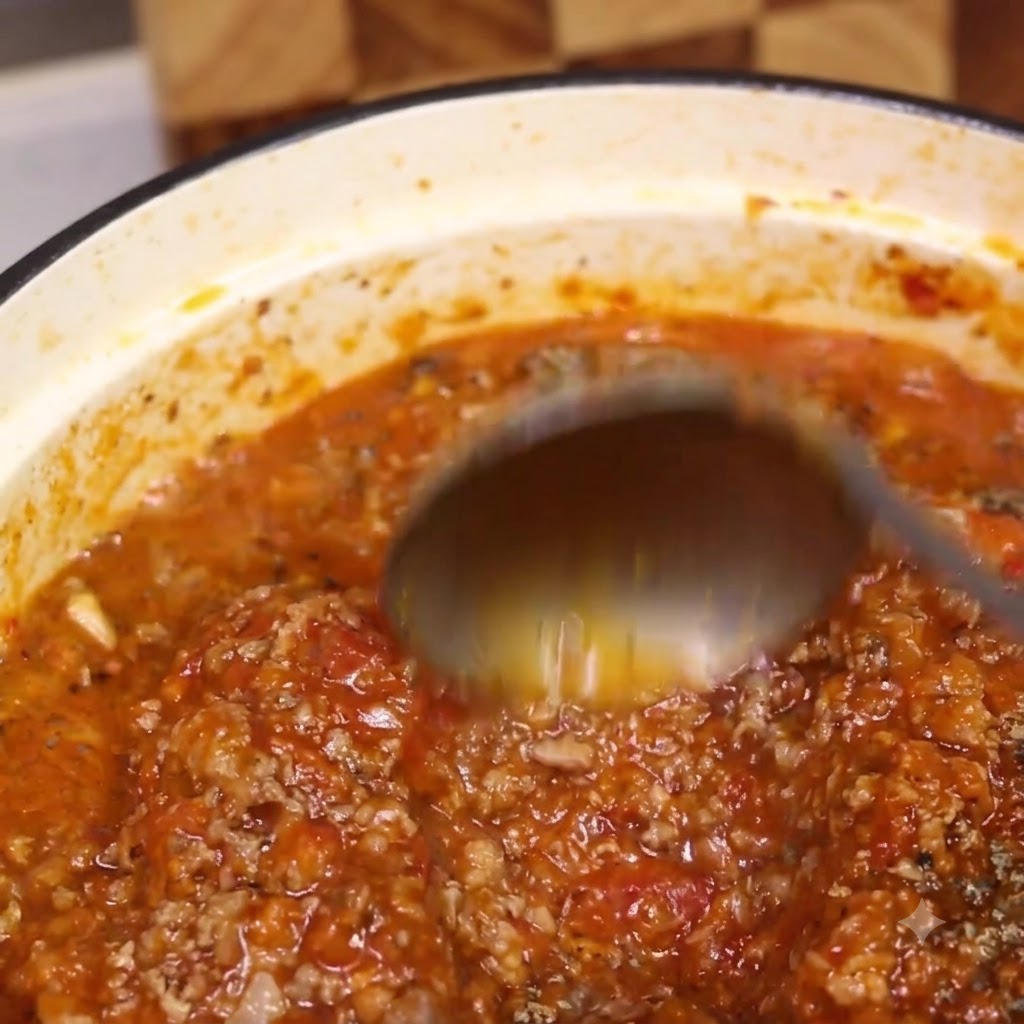 Un cucharón removiendo una salsa de carne boloñesa espesa y rica que burbujea en una olla holandesa de colores claros.