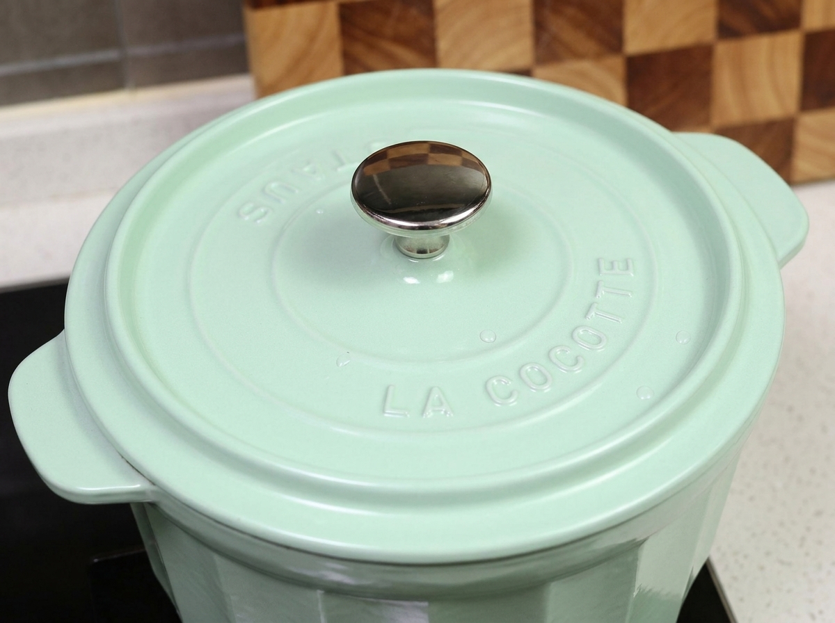 Una olla holandesa tapada de color verde claro siendo colocada dentro del horno para su horneado.