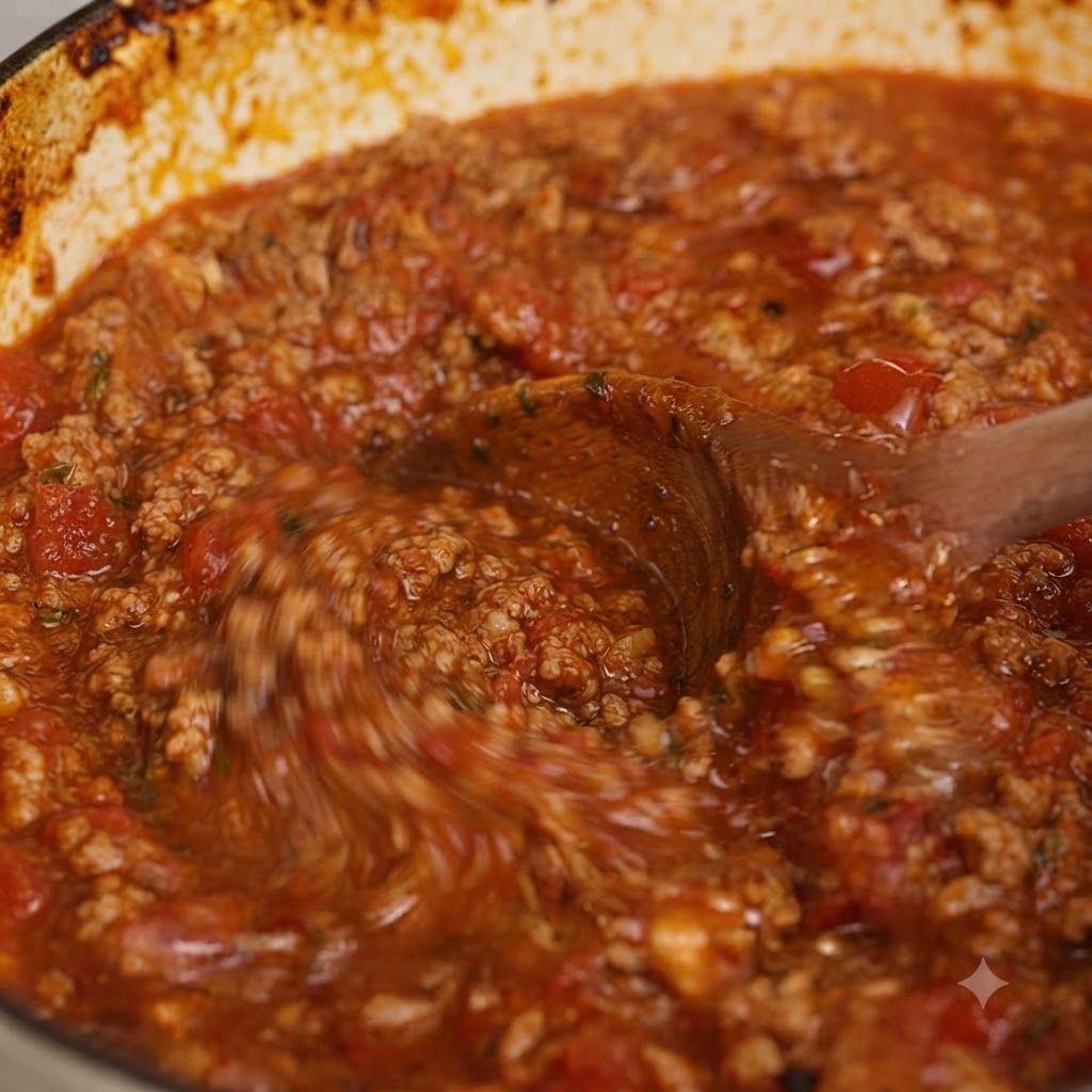 Una cuchara de madera removiendo una salsa boloñesa espesa y rica dentro de una olla de horno.