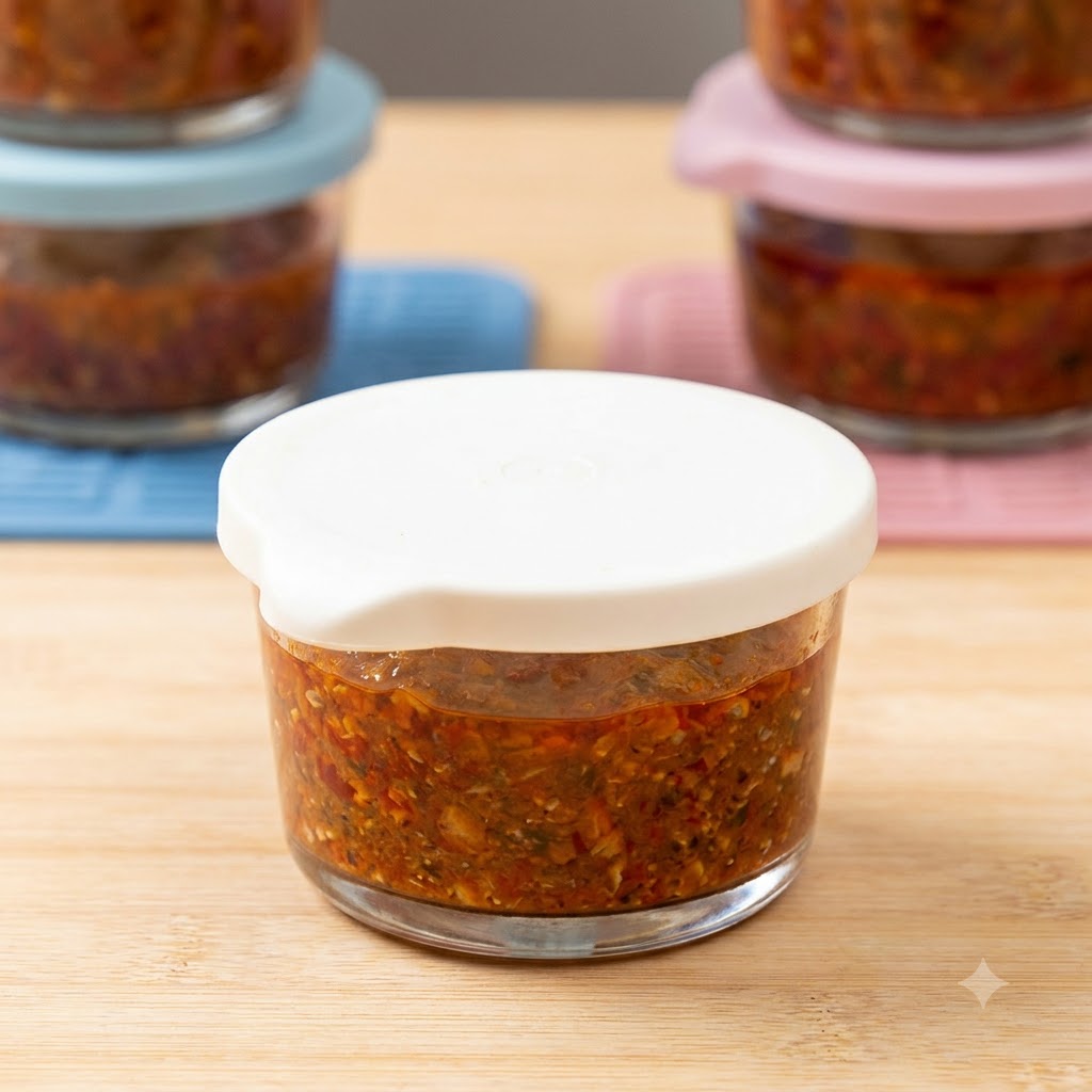 Porciones de salsa boloñesa empaquetadas en pequeños recipientes de vidrio con tapas selladas, listas para congelar.
