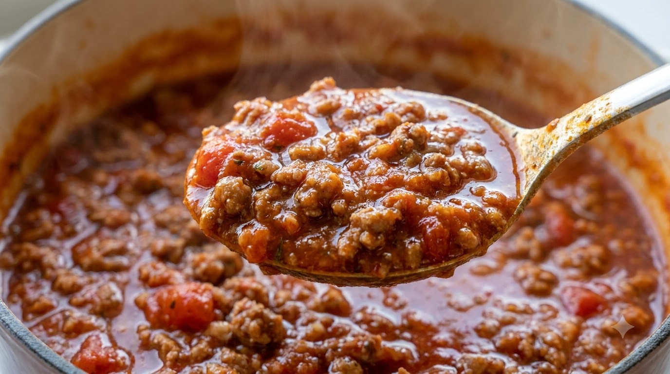 Una gran cucharada de salsa boloñesa espesa, rica y roja elevada directamente sobre la olla humeante