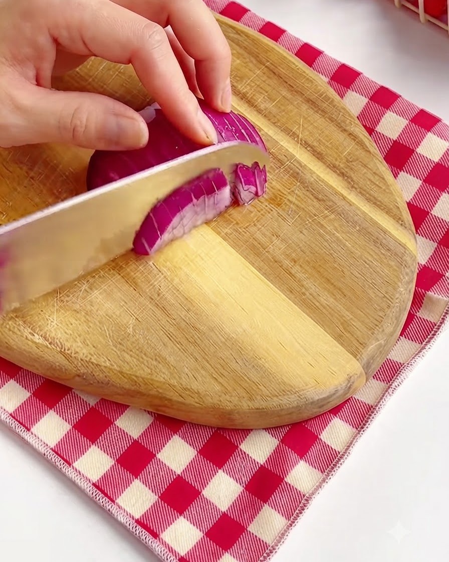 Manos usando un cuchillo afilado para picar una cebolla morada en una tabla de cortar de madera.