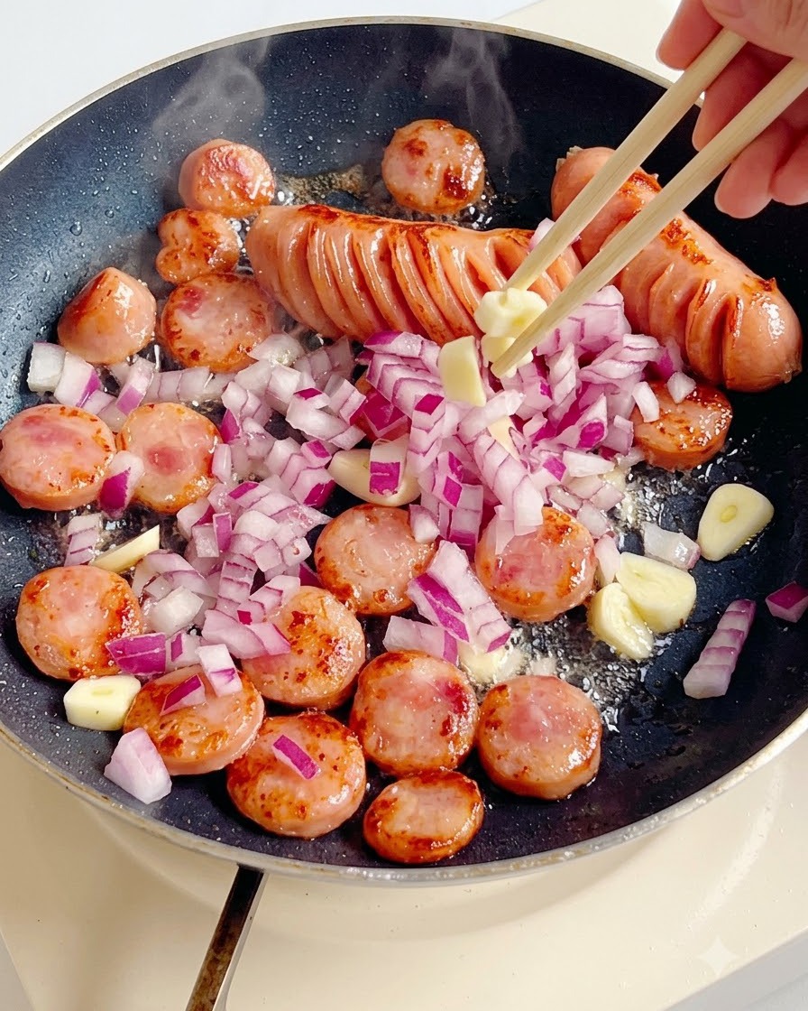Trozos de cebolla morada, ajo y salchichas en rodajas salteándose en una sartén junto con salchichas enteras.