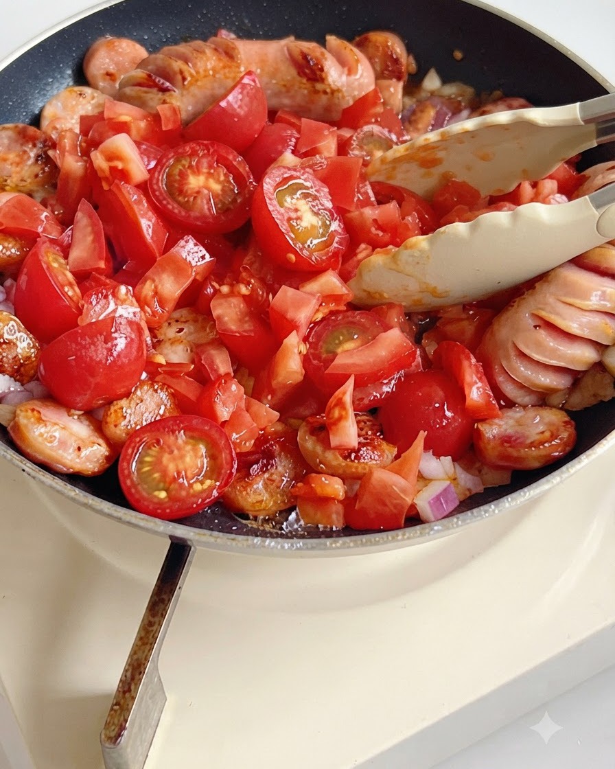 Tomates cherry picados incorporándose a la sartén que contiene salchichas y cebollas.