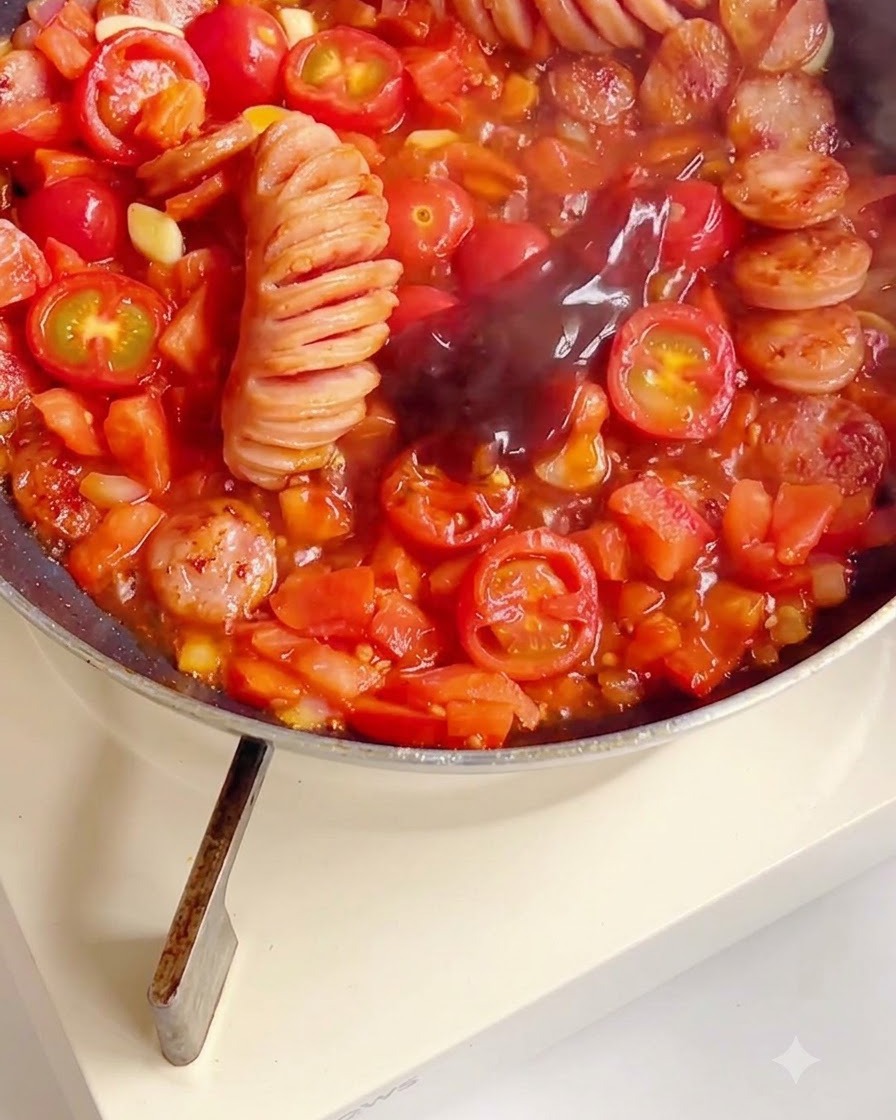 Sazonador líquido oscuro vertiéndose en una mezcla a fuego lento de tomates picados y salchichas.