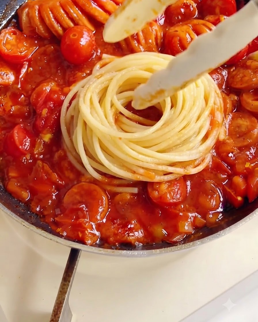 Un nido ordenado de espagueti hervido colocándose en el centro de la sartén sobre una espesa salsa de tomate.