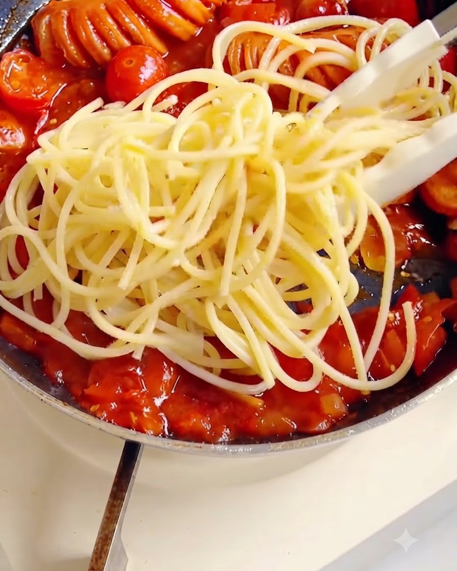 Espagueti mezclándose con pinzas para cubrirlo completamente con la espesa salsa de tomate dentro de la sartén.