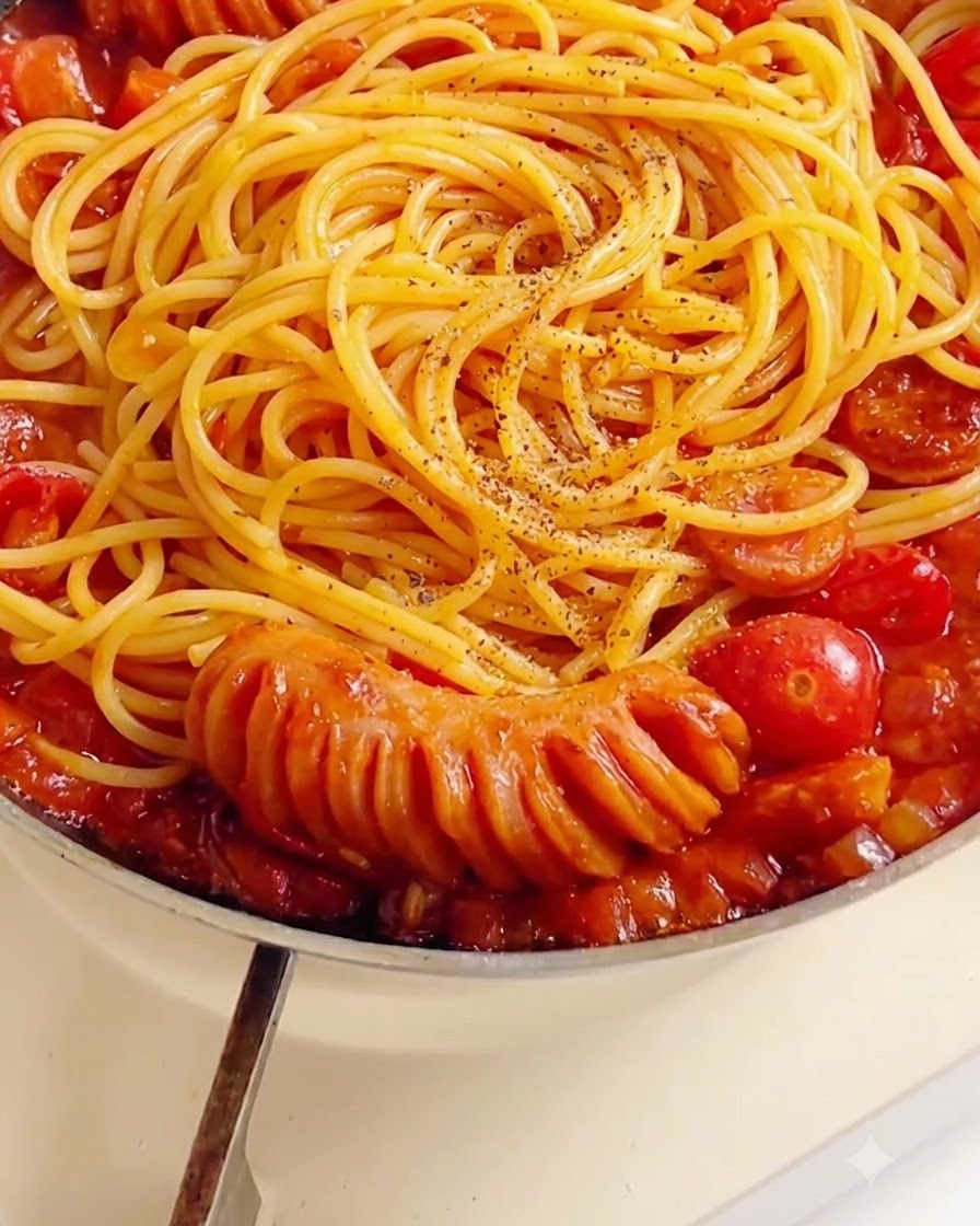 Pimienta negra molida y hierbas secas cayendo sobre una sartén de espagueti cubierto con salsa de tomate roja.