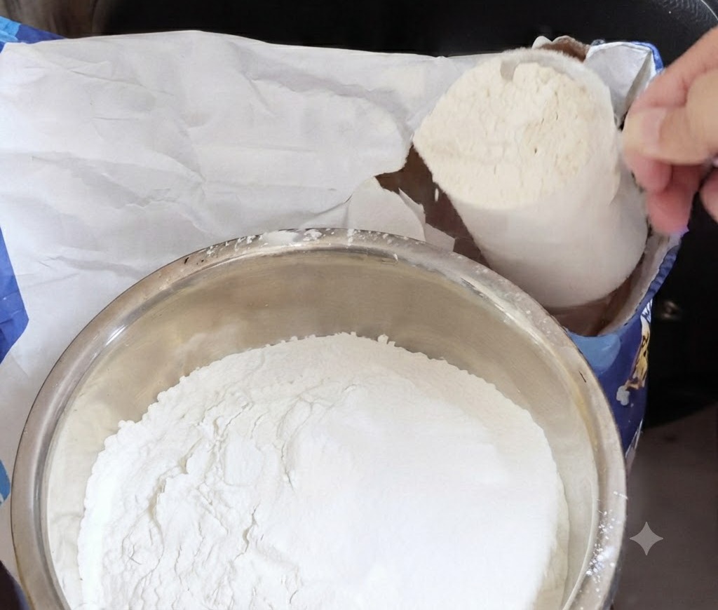 Un bol de metal siendo llenado con harina blanca desde una bolsa azul de harina Caputo 00.