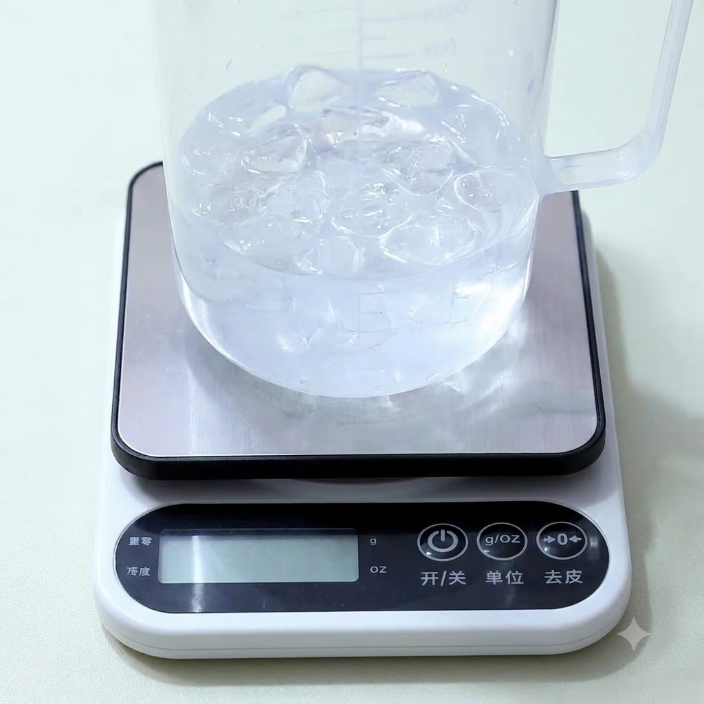Una jarra medidora de plástico transparente llena de agua y cubos de hielo sobre una báscula de cocina digital blanca.