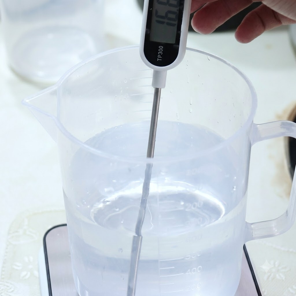 Una mano sosteniendo un termómetro digital dentro de una jarra de agua con hielo, con la pantalla marcando 16.6 grados Celsius.