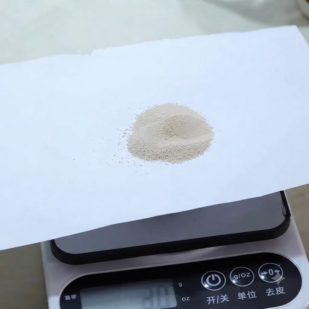 Un pequeño montón de levadura seca sobre un papel blanco en una báscula digital que marca 2.0 gramos.