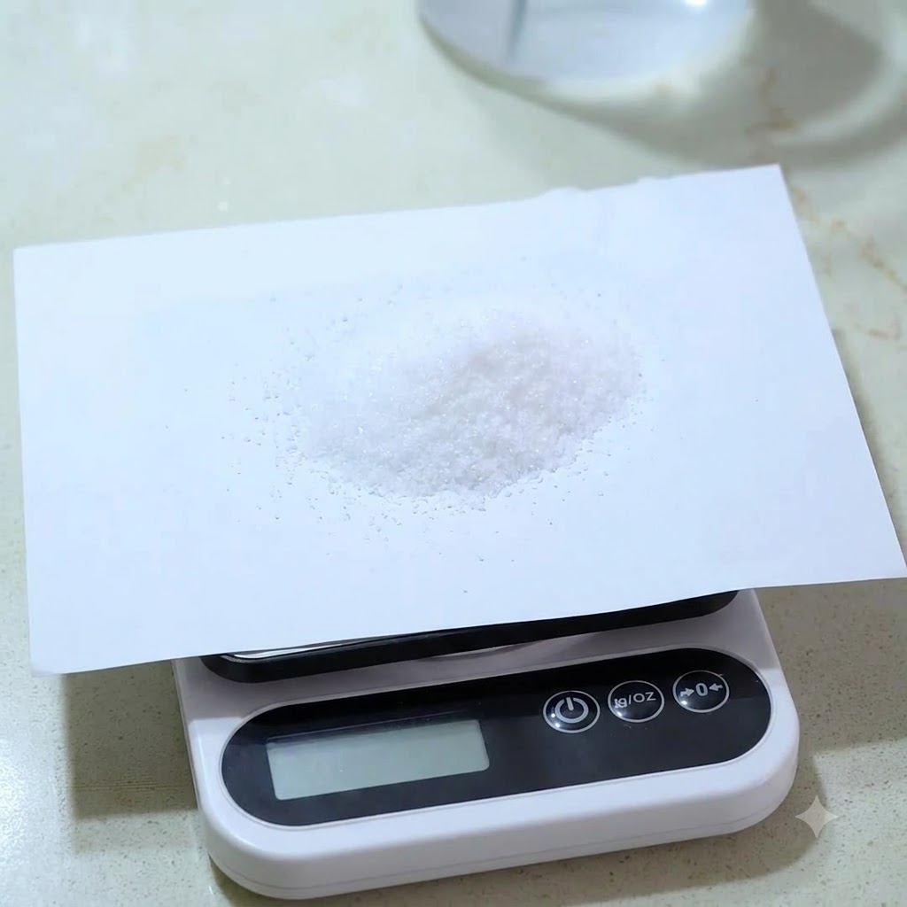 Un pequeño montón de sal blanca fina colocado sobre un papel en una báscula de cocina digital.