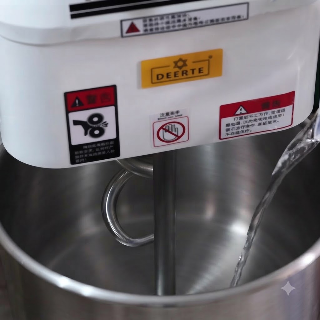 Agua y levadura siendo vertidas en el bol grande de una amasadora de acero inoxidable.