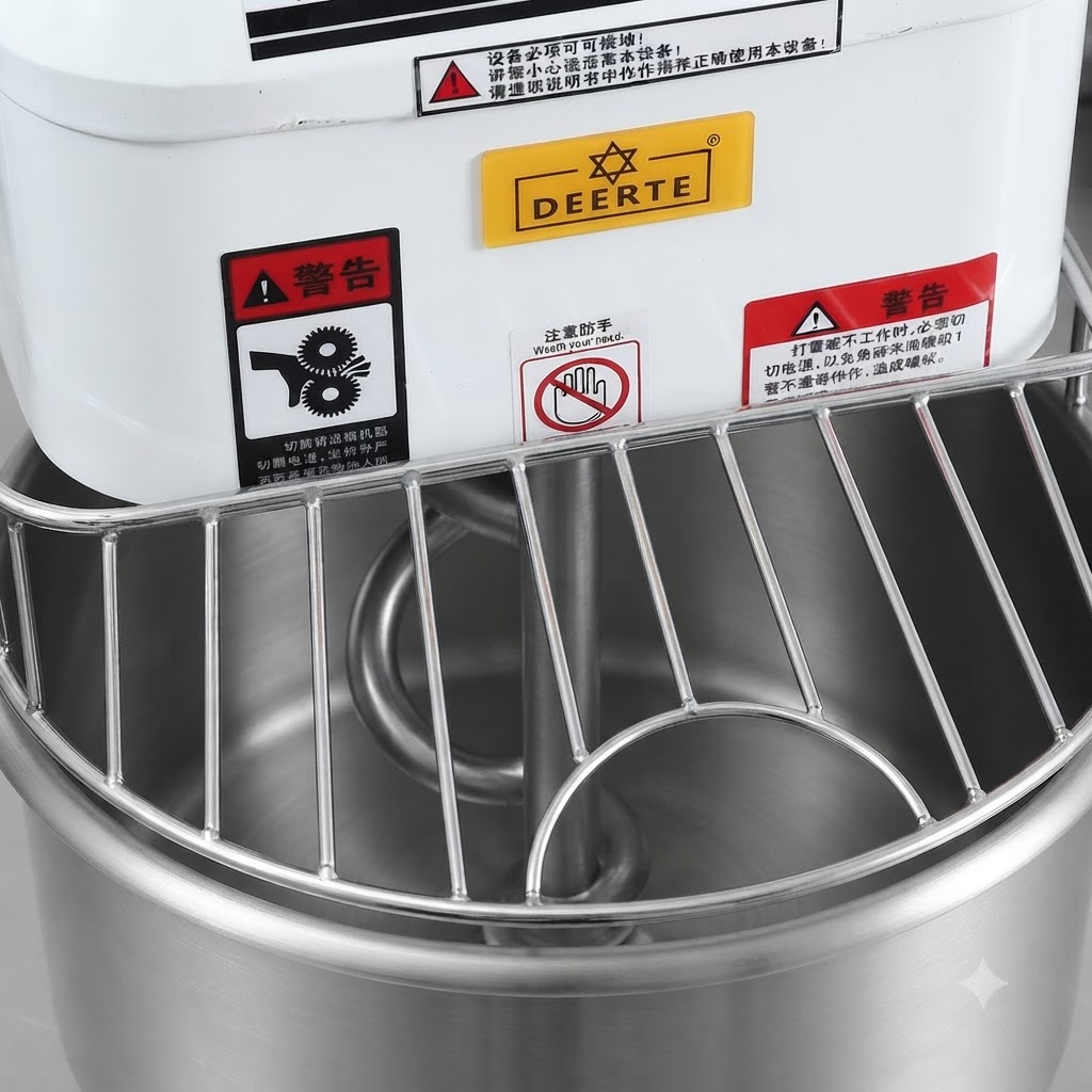 Una máquina amasadora de masa funcionando con una protección de seguridad sobre el bol de acero inoxidable.